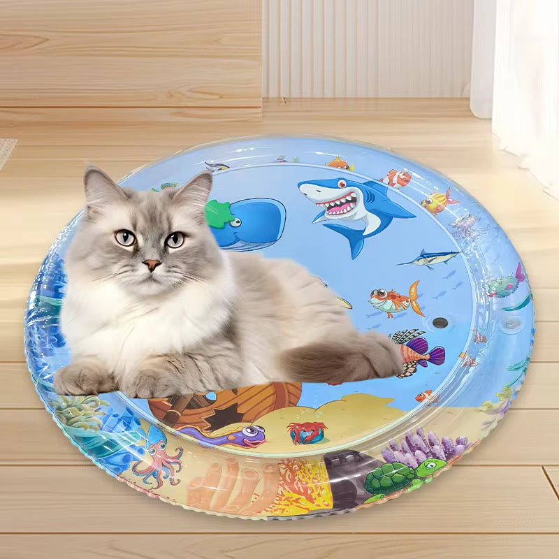 Pet Cooling Water Bed – Anti-Scratch Summer Mat with Air Pump & Floating Fish Toys | For Cats & Small Dogs | Indoor/Outdoor Use