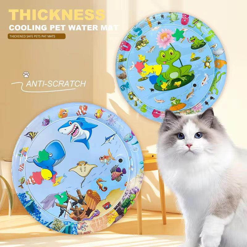 Pet Cooling Water Bed – Anti-Scratch Summer Mat with Air Pump & Floating Fish Toys | For Cats & Small Dogs | Indoor/Outdoor Use