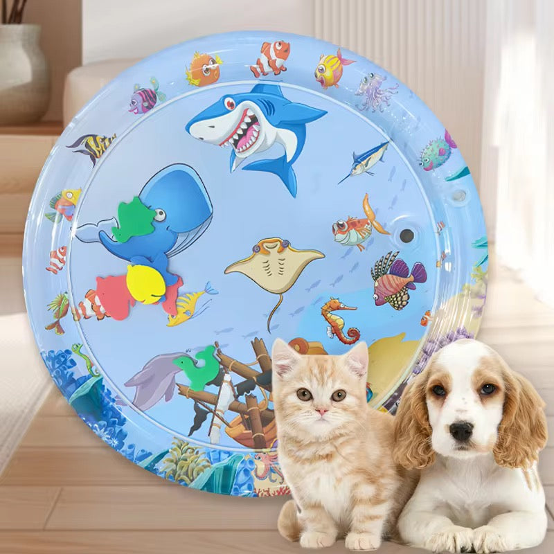 Pet Cooling Water Bed – Anti-Scratch Summer Mat with Air Pump & Floating Fish Toys | For Cats & Small Dogs | Indoor/Outdoor Use