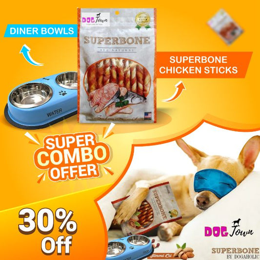 Exclusive Pet Dining Combo: Steel Double Diner Bowls with Anti-Slip Mat + Superbone Salmon Oil Chicken Sticks | 30% OFF