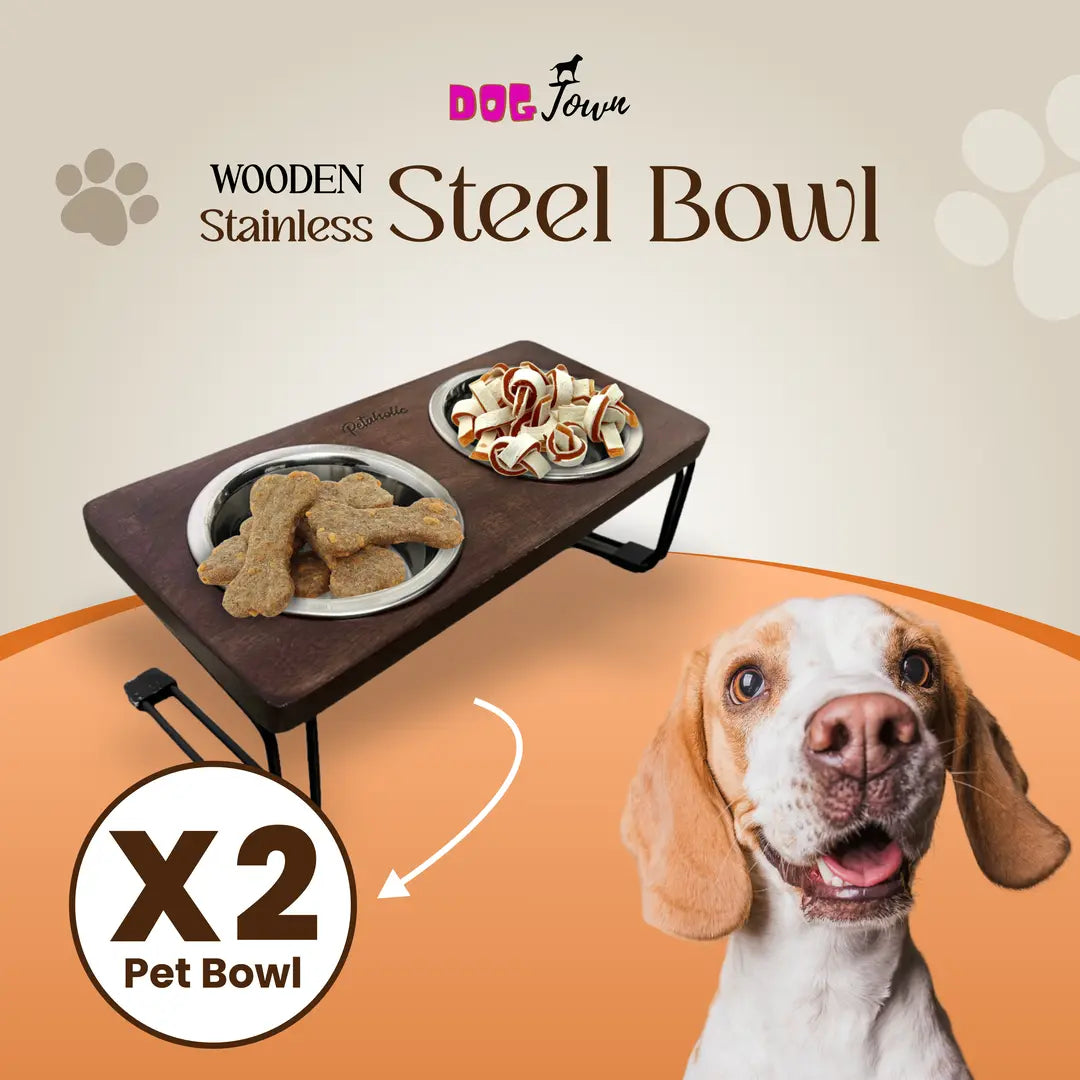 Wooden Stand with 2 Stainless Steel Bowl