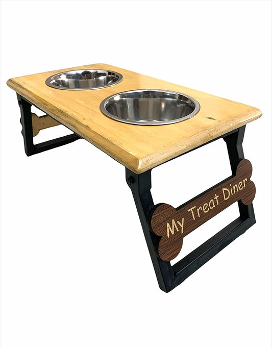 Wooden Stand with 2 Stainless Steel Bowl