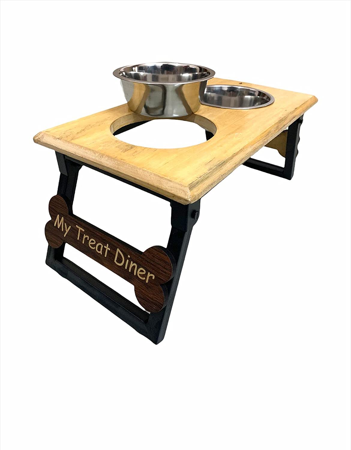 Wooden Stand with 2 Stainless Steel Bowl