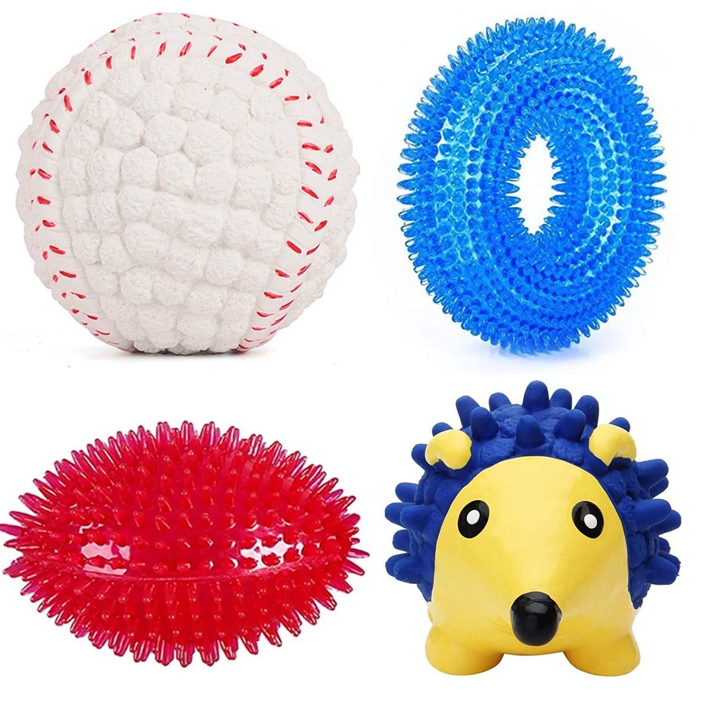 Squeaky Toys Combo of 4 Dog Toys Puppy Toys Spike Rim | Spike Rugby | Latex Baseball | Latex Hedgehog (Combo of 4)