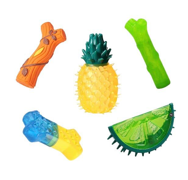 DOGTOWN Latex Interactive Training Fetch and Play Squeaky Toy- Combos Pineapple, Melon Fruit, Cooling Bone teether, Squeaky Branch Toy