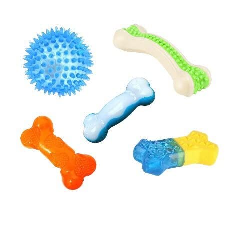 DOGTOWN Latex Interactive Training Fetch and Play Squeaky Toy- Combos Latex Star Blue Ball, Cooling Bone Teether, Arcbed Bone, Frozen White and Blue Ice Bone