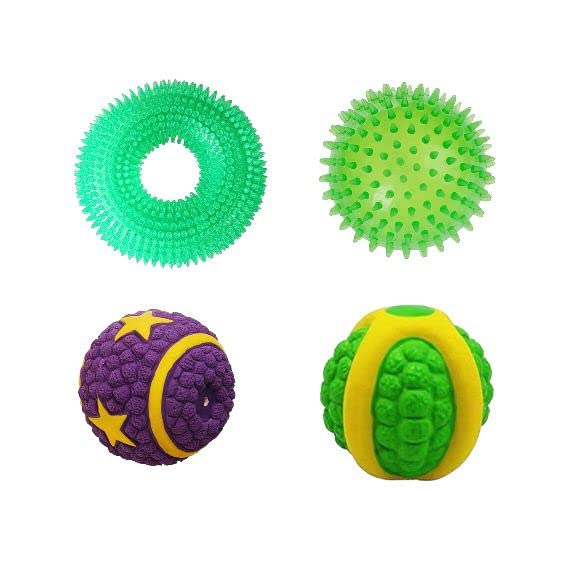 DOGTOWN Latex Interactive Training Fetch and Play Squeaky Toy- Combos Spiked Ring, Latex Green Ball, Latex Star Ball, Rubber Spiked Ball