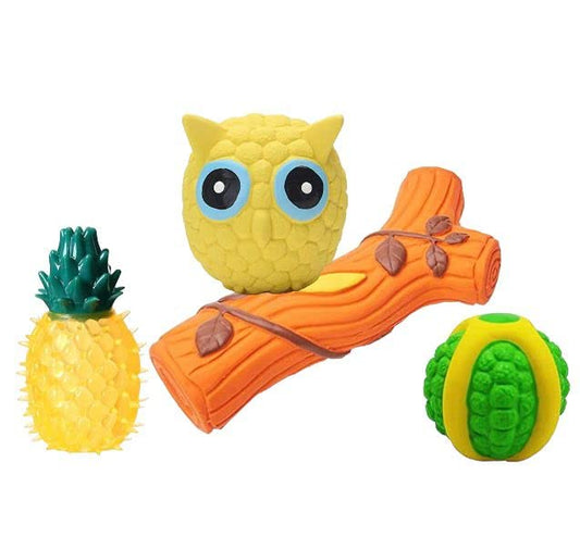 DOGTOWN Latex Interactive Training Fetch and Play Squeaky Toy- Combos Owl, Pineapple Fruit, Latex Green Ball, Squeaky Branch Toy